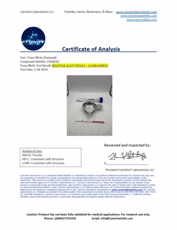 LGD4033, Ilicits Substance Test Certificate of Analysis
