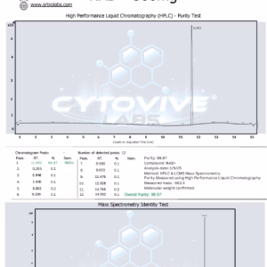 NAD+ Peptide HPCL 3rd Party Certificate of analysis. Purity Lab test