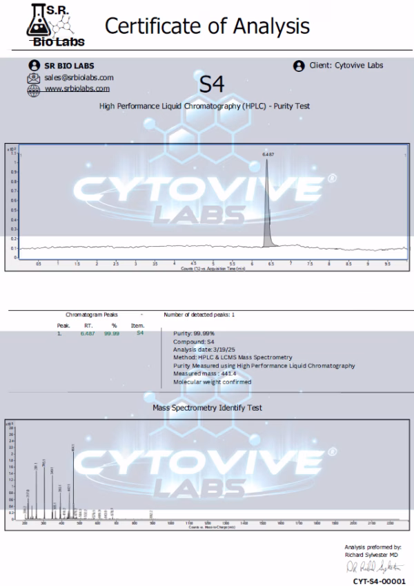 S4 Peptide HPCL 3rd Party Certificate of analysis. Purity Lab test