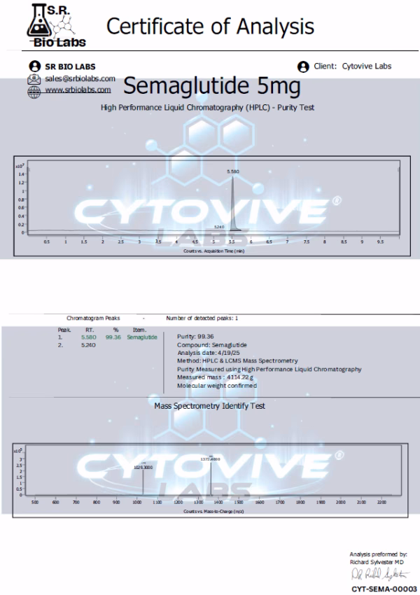 Semaglutide Peptide HPCL 3rd Party Certificate of analysis. Purity Lab test
