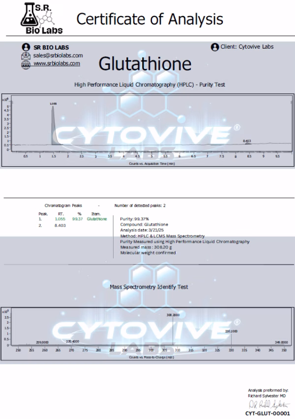 Glutathione, Clen, 200mcg/mL Tincture, HPLC, LCMS, Lab Report, Peptides, Sarms, Nootropics