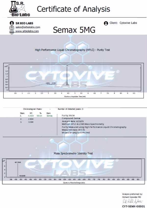 Semax Peptide HPCL 3rd Party Certificate of analysis. Purity Lab test